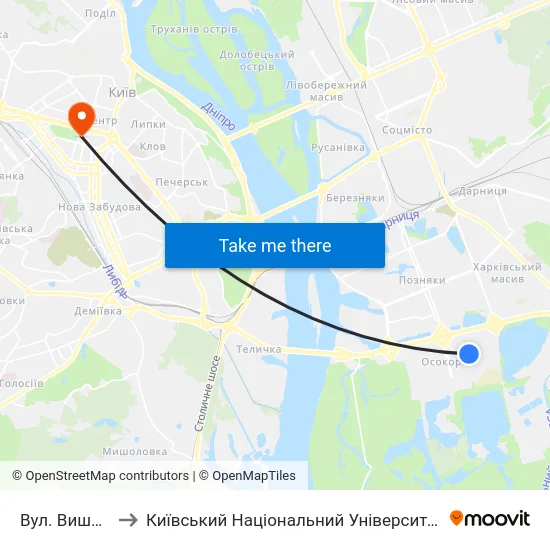 Вул. Вишняківська to Київський Національний Університет Імені Тараса Шевченка map