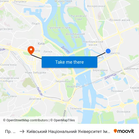Пр. Миру to Київський Національний Університет Імені Тараса Шевченка map