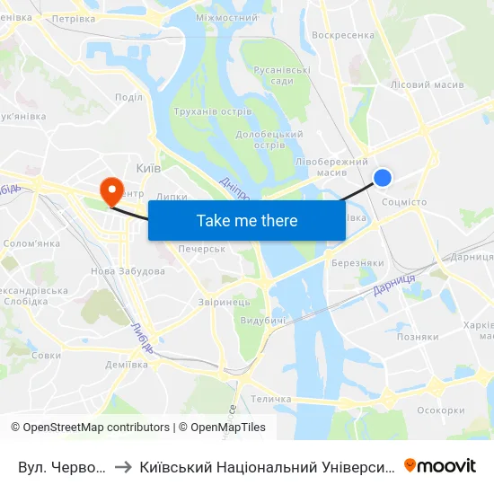 Вул. Червоноткацька to Київський Національний Університет Імені Тараса Шевченка map