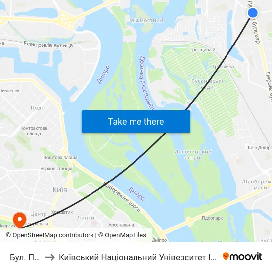 Бул. Перова to Київський Національний Університет Імені Тараса Шевченка map