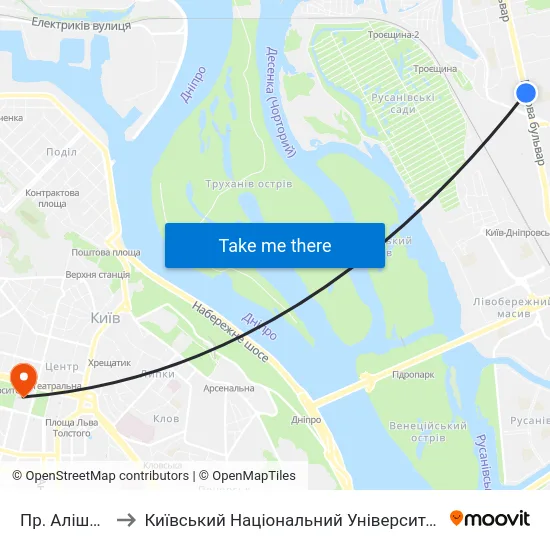 Пр. Алішера Навої to Київський Національний Університет Імені Тараса Шевченка map