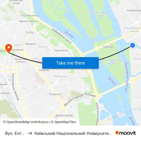 Вул. Ентузіастів to Київський Національний Університет Імені Тараса Шевченка map