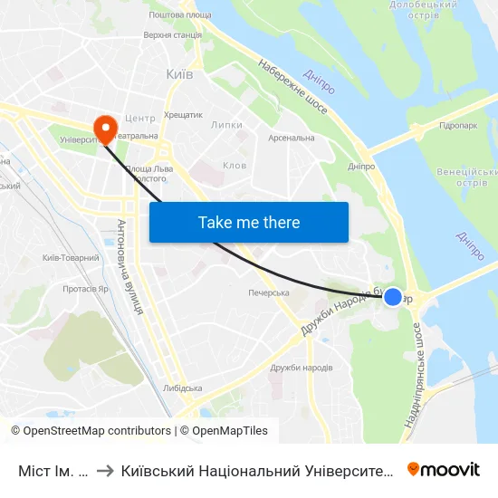 Міст Ім. Патона to Київський Національний Університет Імені Тараса Шевченка map