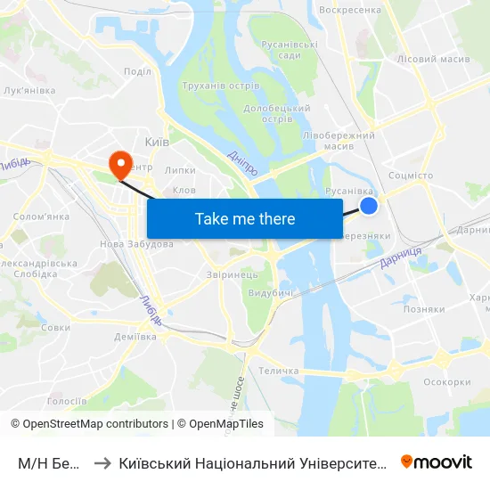 М/Н Березняки to Київський Національний Університет Імені Тараса Шевченка map