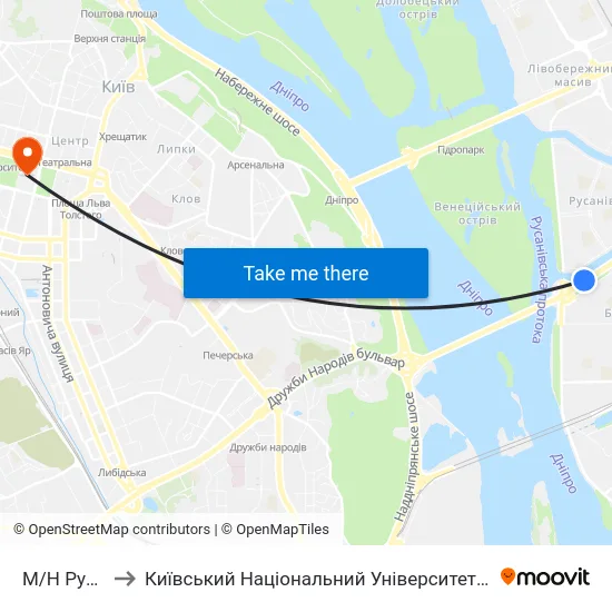 М/Н Русанівка to Київський Національний Університет Імені Тараса Шевченка map