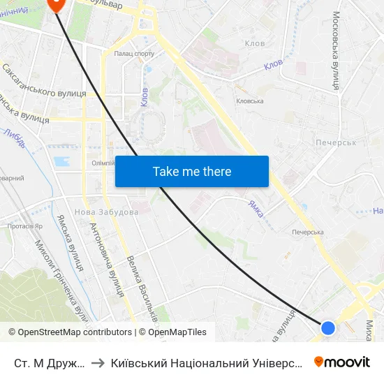 Ст. М Дружби Народів to Київський Національний Університет Імені Тараса Шевченка map