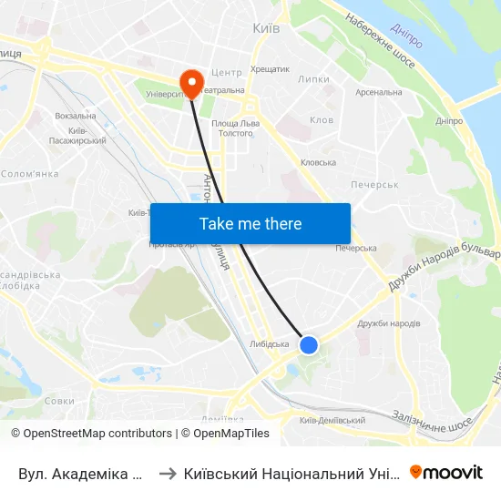 Вул. Академіка Філатова (На Вимогу) to Київський Національний Університет Імені Тараса Шевченка map