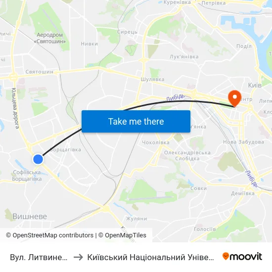 Вул. Литвиненко-Вольгемут to Київський Національний Університет Імені Тараса Шевченка map