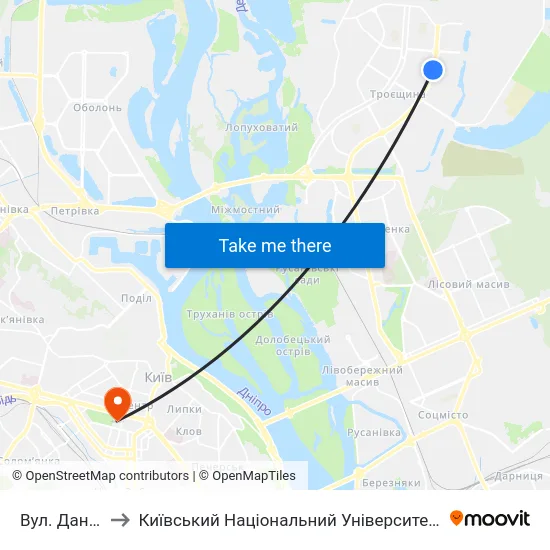 Вул. Данькевича to Київський Національний Університет Імені Тараса Шевченка map