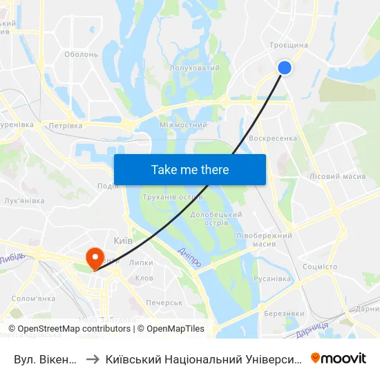 Вул. Вікентія Беретті to Київський Національний Університет Імені Тараса Шевченка map