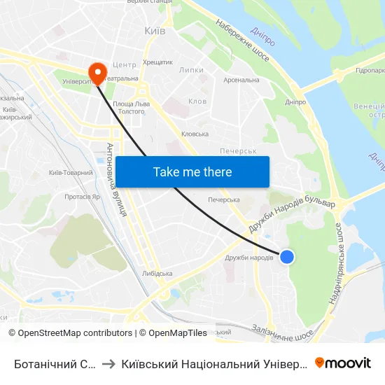 Ботанічний Сад Ім. Гришка to Київський Національний Університет Імені Тараса Шевченка map