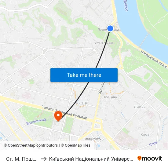 Ст. М. Поштова Площа to Київський Національний Університет Імені Тараса Шевченка map