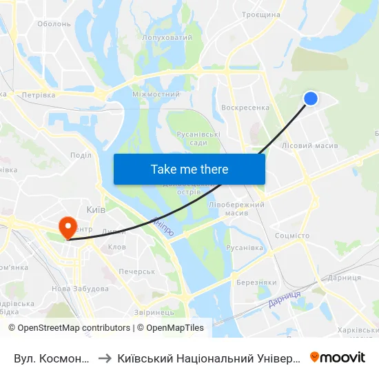 Вул. Космонавта Волкова to Київський Національний Університет Імені Тараса Шевченка map