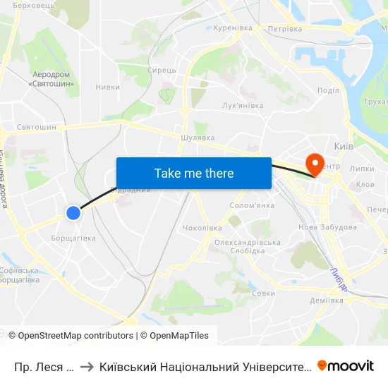Пр. Леся Курбаса to Київський Національний Університет Імені Тараса Шевченка map