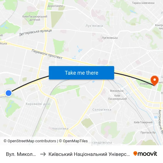 Вул. Миколи Василенка to Київський Національний Університет Імені Тараса Шевченка map