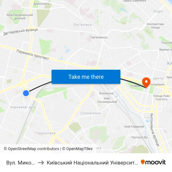 Вул. Миколи Голего to Київський Національний Університет Імені Тараса Шевченка map