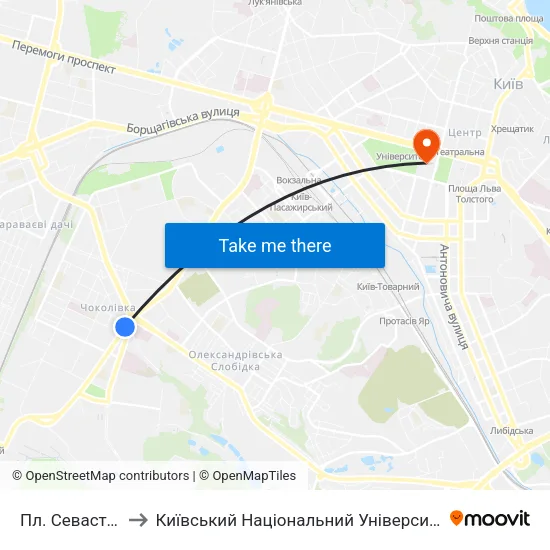 Пл. Севастопольська to Київський Національний Університет Імені Тараса Шевченка map