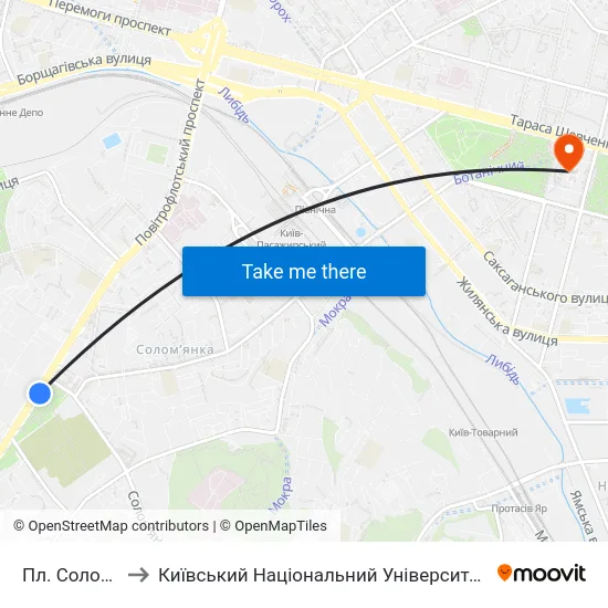 Пл. Солом'Янська to Київський Національний Університет Імені Тараса Шевченка map