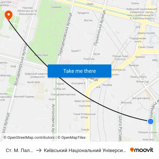 Ст. М. Палац Спорту to Київський Національний Університет Імені Тараса Шевченка map