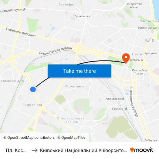 Пл. Космонавтів to Київський Національний Університет Імені Тараса Шевченка map