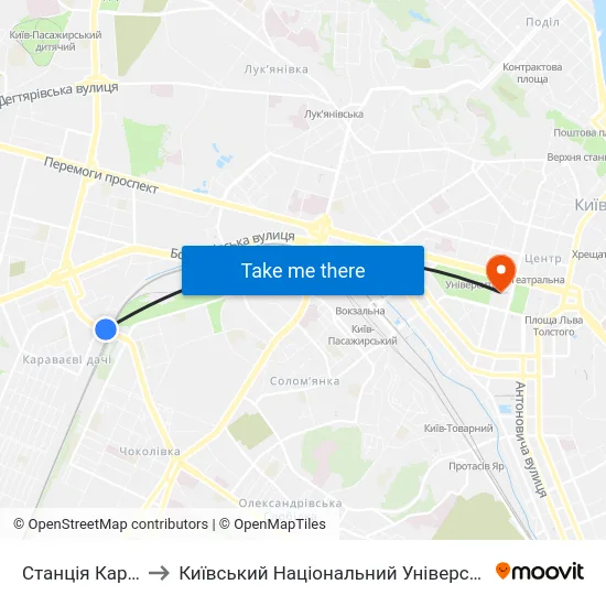 Станція Караваєвi Дачі to Київський Національний Університет Імені Тараса Шевченка map