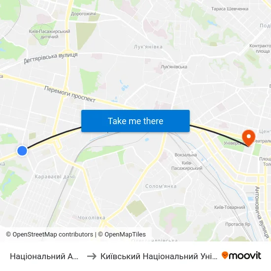 Національний Авіаційний Університет to Київський Національний Університет Імені Тараса Шевченка map