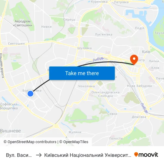 Вул. Василя Кучера to Київський Національний Університет Імені Тараса Шевченка map