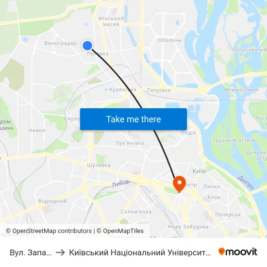 Вул. Западинська to Київський Національний Університет Імені Тараса Шевченка map