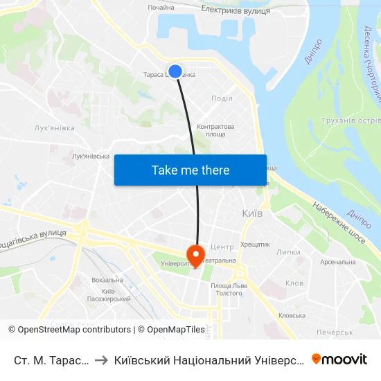 Ст. М. Тараса Шевченка to Київський Національний Університет Імені Тараса Шевченка map