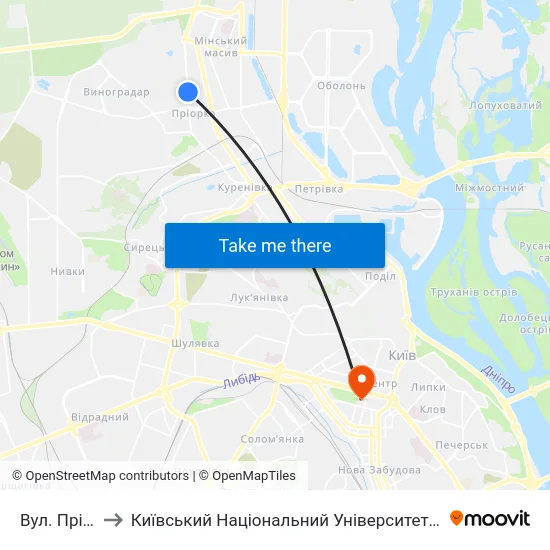 Вул. Пріорська to Київський Національний Університет Імені Тараса Шевченка map