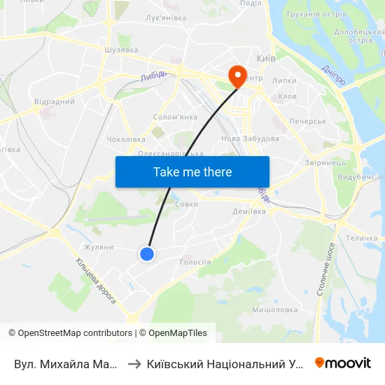 Вул. Михайла Максимовича (На Вимогу) to Київський Національний Університет Імені Тараса Шевченка map