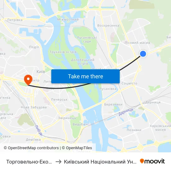 Торговельно-Економічний Університет to Київський Національний Університет Імені Тараса Шевченка map
