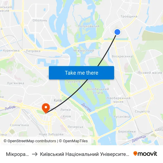 Мікрорайон №1 to Київський Національний Університет Імені Тараса Шевченка map