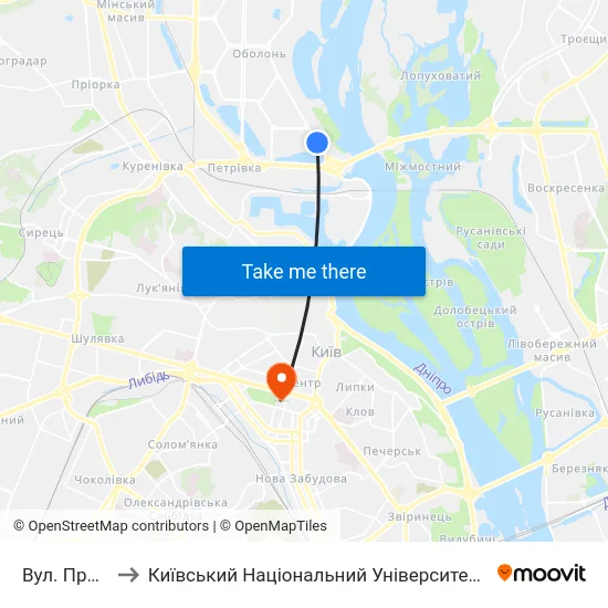 Вул. Приозерна to Київський Національний Університет Імені Тараса Шевченка map