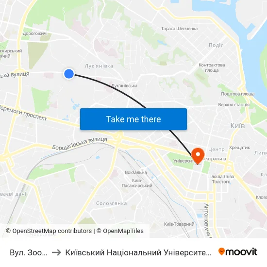 Вул. Зоологічна to Київський Національний Університет Імені Тараса Шевченка map