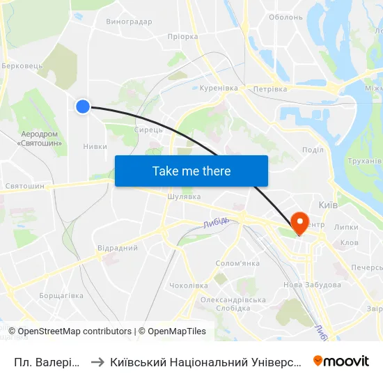 Пл. Валерія Марченка to Київський Національний Університет Імені Тараса Шевченка map