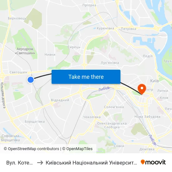 Вул. Котельникова to Київський Національний Університет Імені Тараса Шевченка map