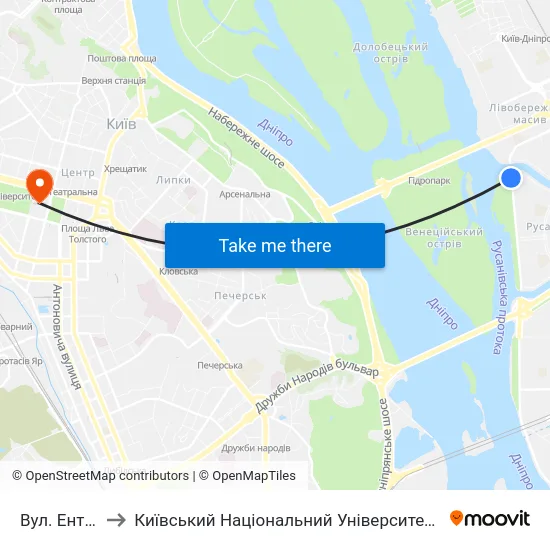 Вул. Ентузіастів to Київський Національний Університет Імені Тараса Шевченка map