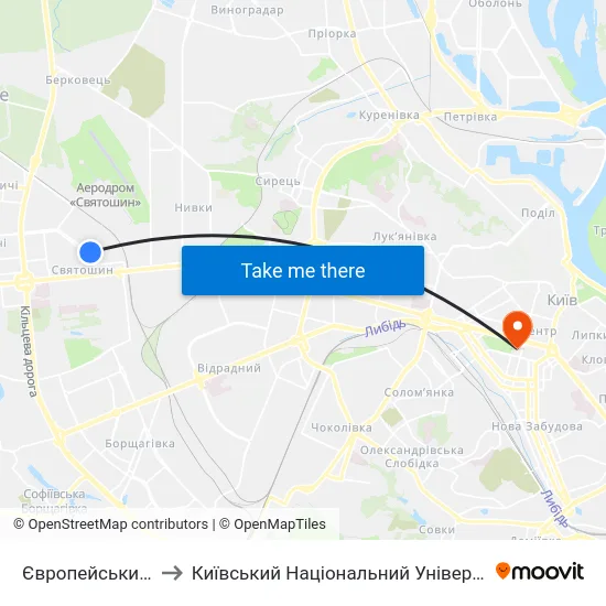 Європейський Університет to Київський Національний Університет Імені Тараса Шевченка map