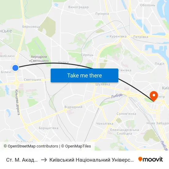Ст. М. Академмістечко to Київський Національний Університет Імені Тараса Шевченка map