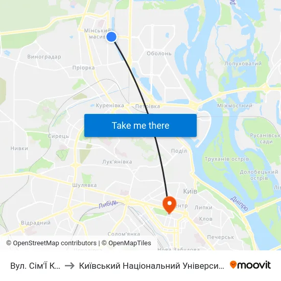 Вул. Сім'Ї Кульженків to Київський Національний Університет Імені Тараса Шевченка map