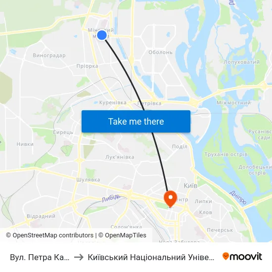 Вул. Петра Калнишевського to Київський Національний Університет Імені Тараса Шевченка map
