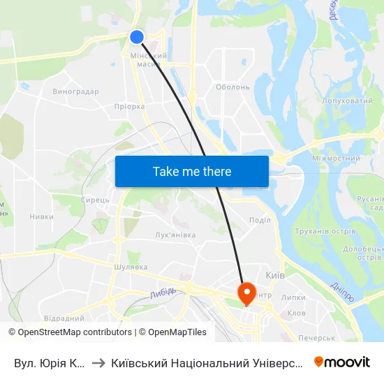 Вул. Юрія Кондратюка to Київський Національний Університет Імені Тараса Шевченка map