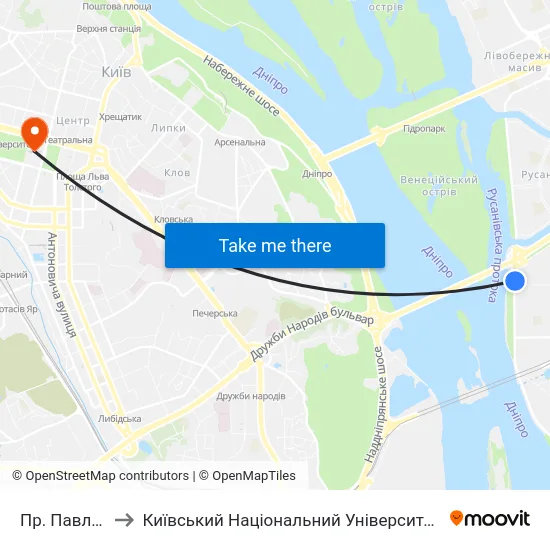Пр. Павла Тичини to Київський Національний Університет Імені Тараса Шевченка map