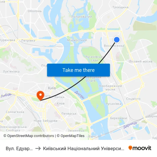 Вул. Едуарда Вільде to Київський Національний Університет Імені Тараса Шевченка map