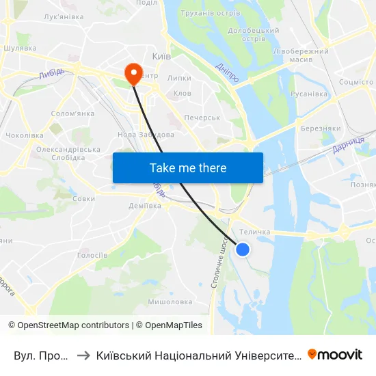 Вул. Промислова to Київський Національний Університет Імені Тараса Шевченка map