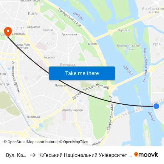 Вул. Канальна to Київський Національний Університет Імені Тараса Шевченка map