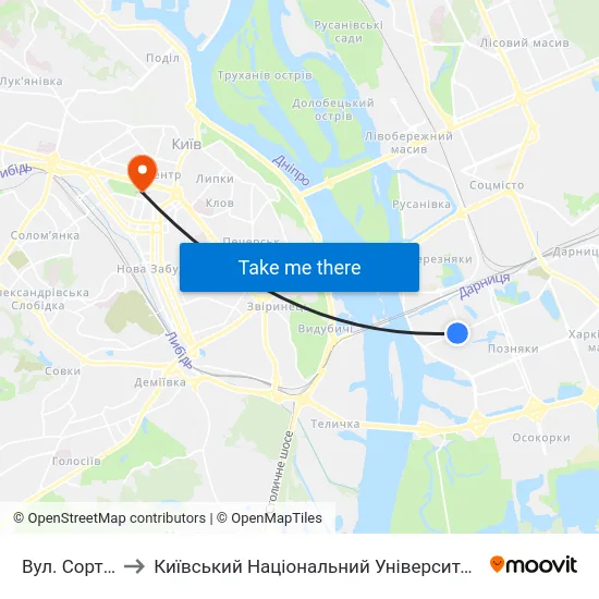 Вул. Сортувальна to Київський Національний Університет Імені Тараса Шевченка map