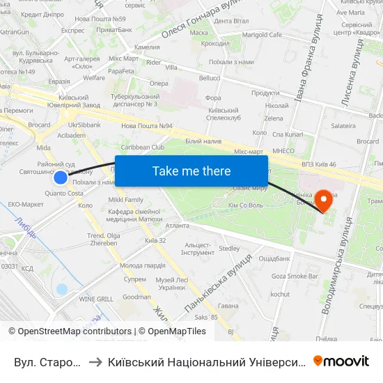 Вул. Старовокзальна to Київський Національний Університет Імені Тараса Шевченка map
