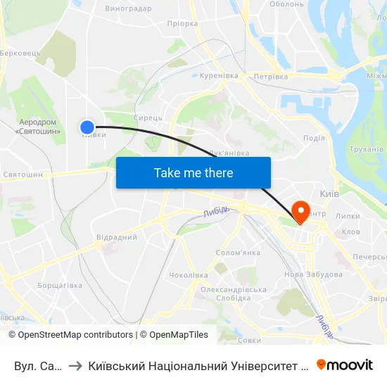 Вул. Салютна to Київський Національний Університет Імені Тараса Шевченка map